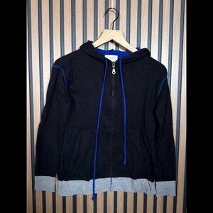 Cousin Johnny Sweater Medium Womens Black Blue 100% Cotton Fleece Hooded